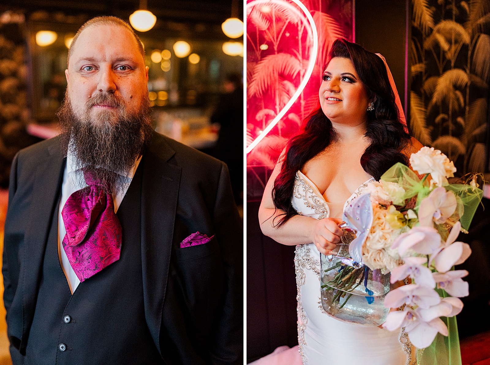Left photo: Up close shot of the groom.
Right photo: Upper body shot of the bride holding her bouquet as she stands in front of a pink florescent light heart sign.