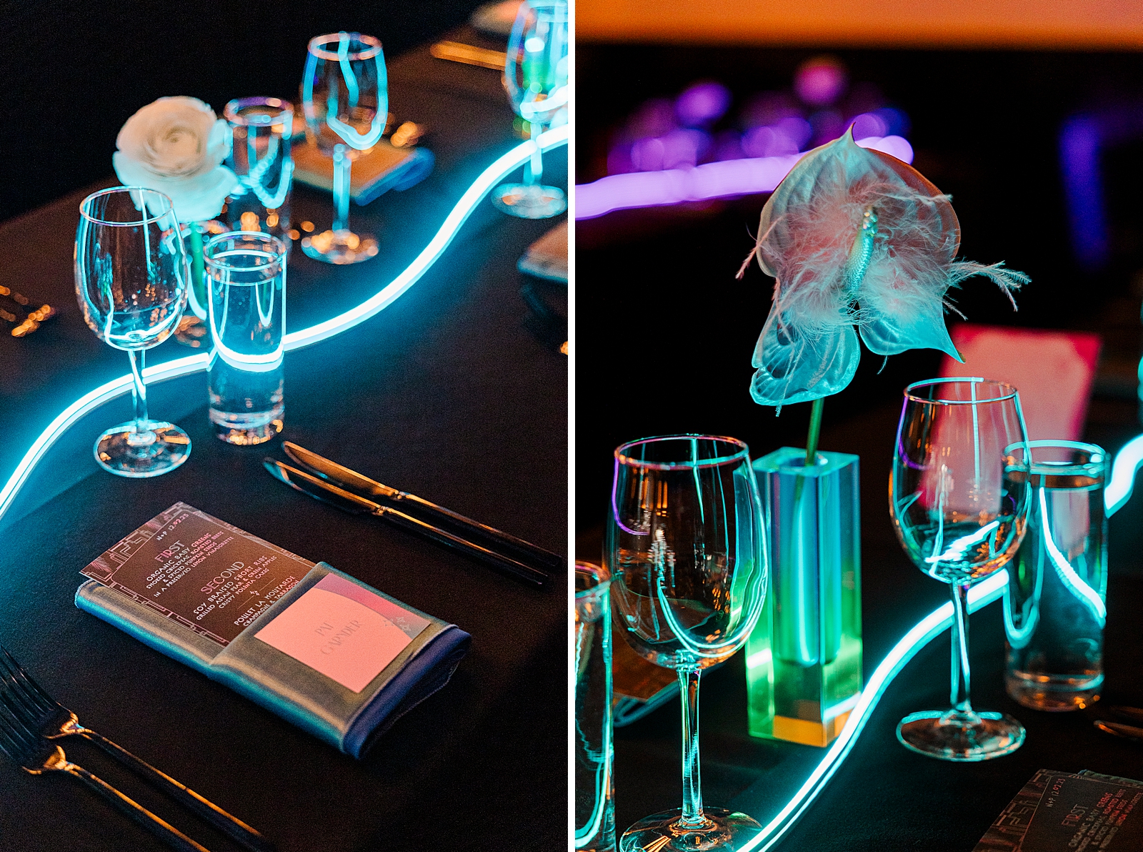 Left photo: Close up shot of a table setting in the reception space, complete with a menu, place card, napkin, flowers, glasses, and a long neon light. 
Right photo: Close up shot of a table in the reception space, complete with cutlery, flowers, glasses, and a long neon light.  