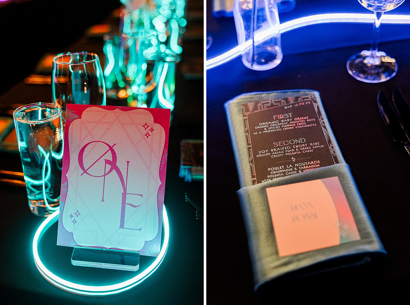 Left photo: Close up shot of a table number marker with a neon light wrapped around it. 
Right photo: Close up shot of a table napkin, menu, and place card. 