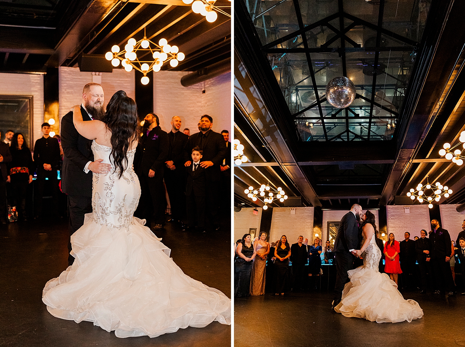 Left photo: Full shot of the groom smiling down at the bride as their share their first dance. 
Right photo: Full shot of the bride and groom sharing their first dance. 