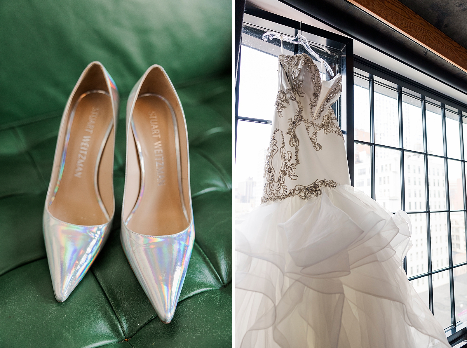 Left photo: Close up shot of the bride's heels. 
Right photo: Close up shot of the bride's wedding dress hanging in front of a large window. 
