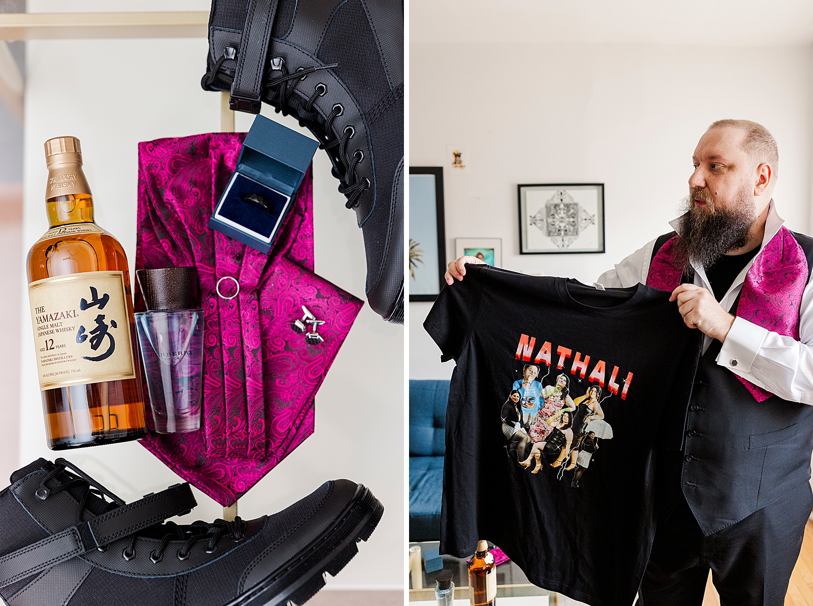 Left photo: Close up shot of the groom's details, including his shoes, ring, cufflinks, cologne, and a bottle of whisky. 
Right photo: Shot of the groom holding up a black t-shirt featuring multiple photos of the bride. 