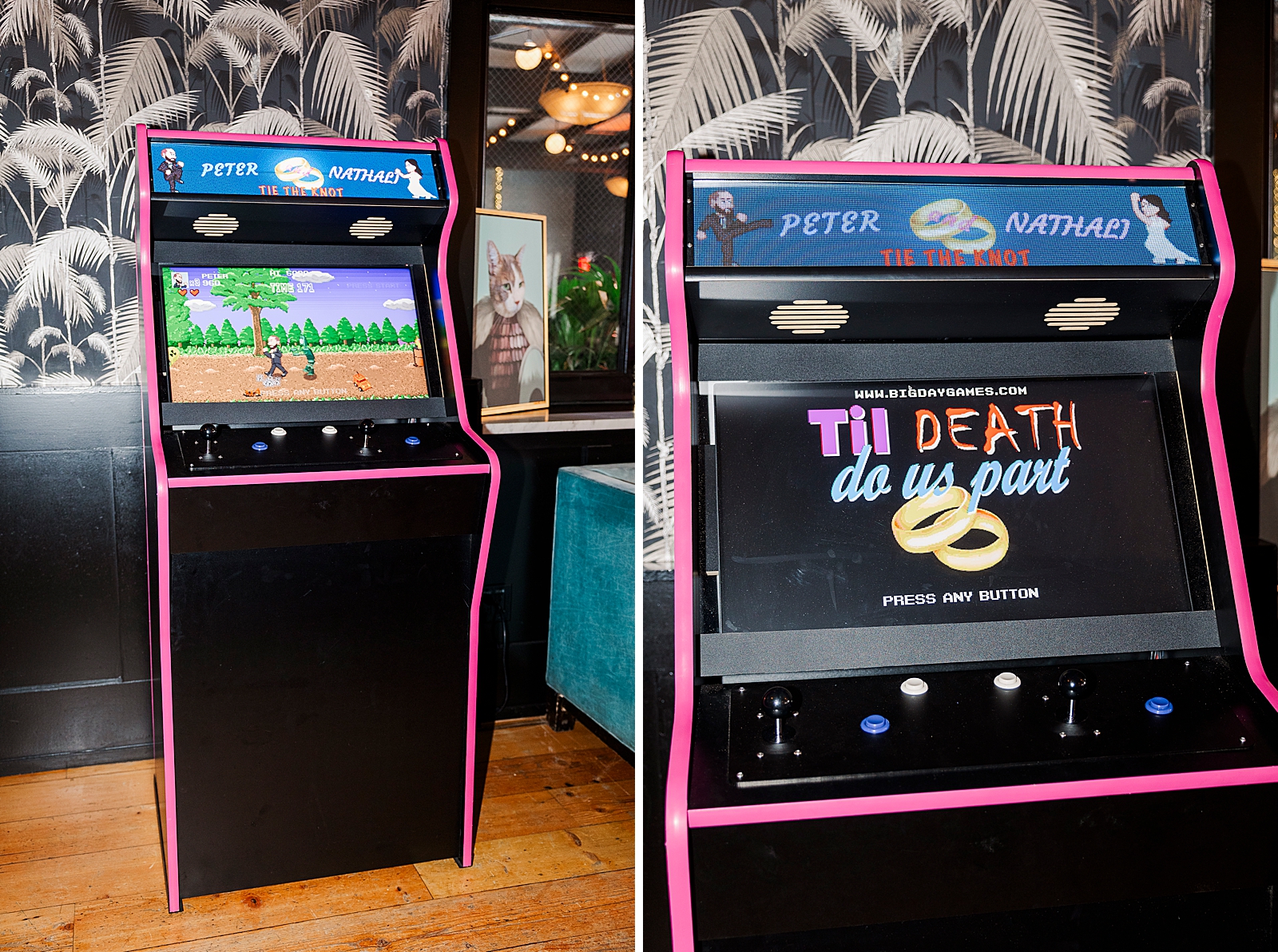 Left photo: Full shot of a custom arcade style video game featuring the bride and groom. 
Right photo: Close up shot of a custom arcade style video game featuring the bride and groom. 
