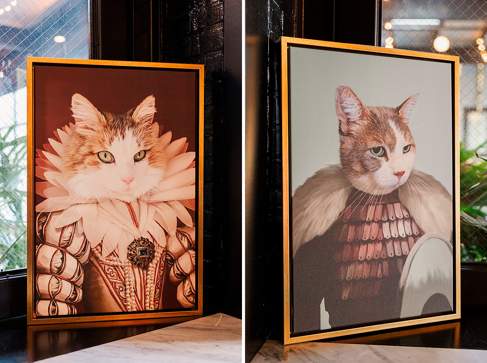 Left photo: Shot of a portrait of the couple's cat dressed in regency wear.
Right photo: Shot of a portrait of the couple's cat dressed in regency wear. 
