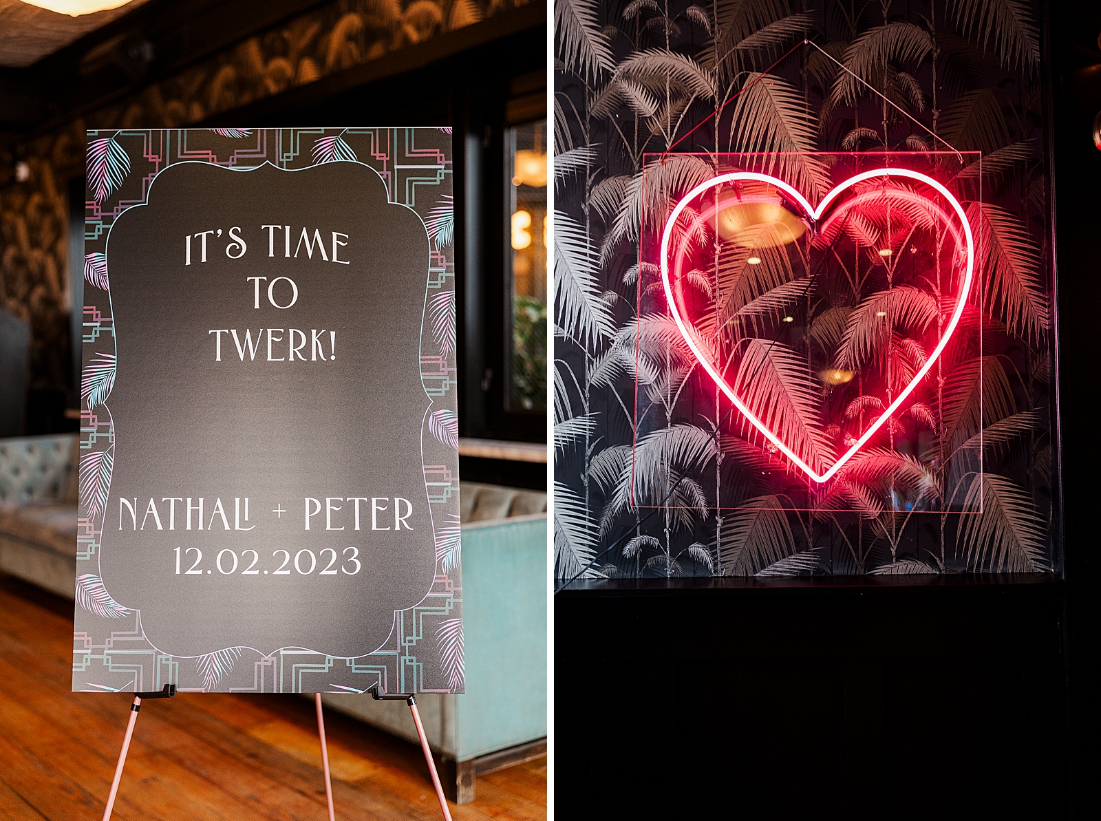 Left photo: Shot of the wedding welcome sign which says, "it's time to twerk," as well as the couple's names and their wedding date. 
Right photo: Shot of a pink florescent light heart sign hanging from the wall. 