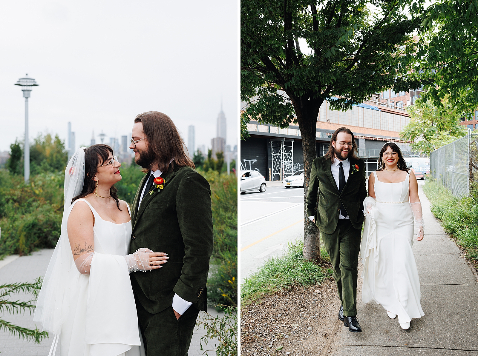 Left photo: Shot of the bride and groom smiling at each other with the Manhattan skyline in the background. 
Right photo: Shot of the bride and groom smiling as they walk down a Brooklyn sidewalk. 