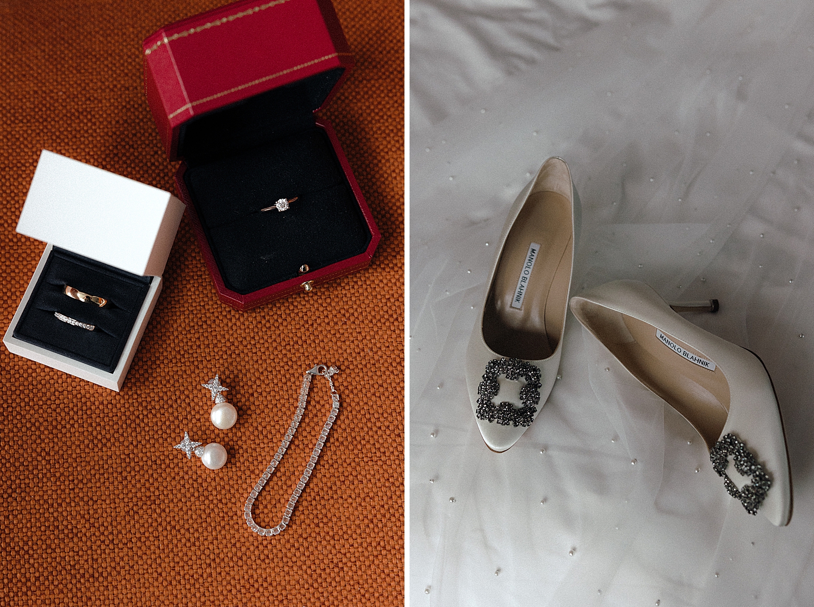 Left photo: Up close shot of the bride and groom's jewelry.
Right photo: Shot of the bride's heels.
