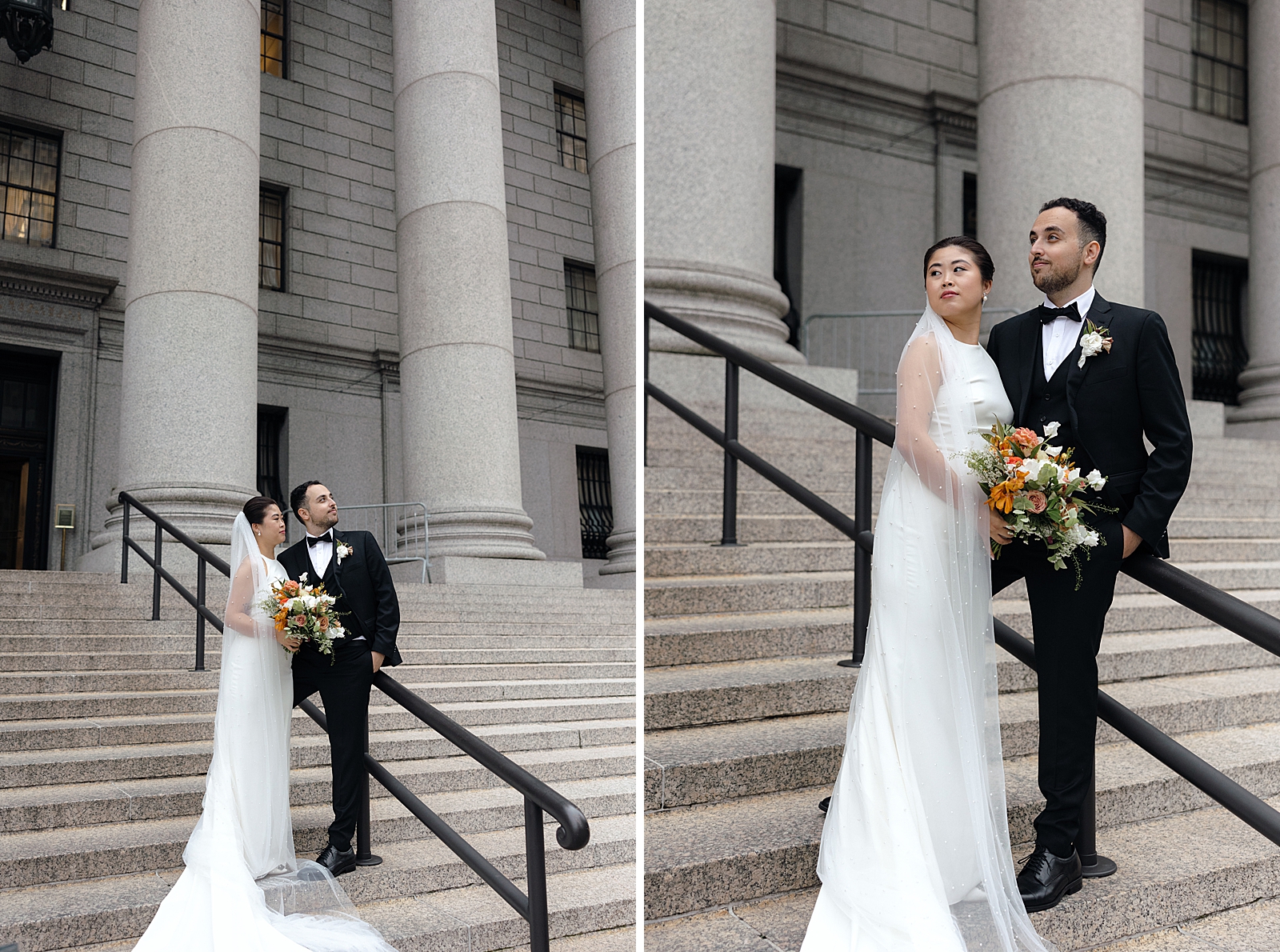 Left photo: Shot of the bride and groom standing on the courthouse steps and staring off into the distance.
Right photo: Full body shot of the bride and groom posing on the courthouse steps. 