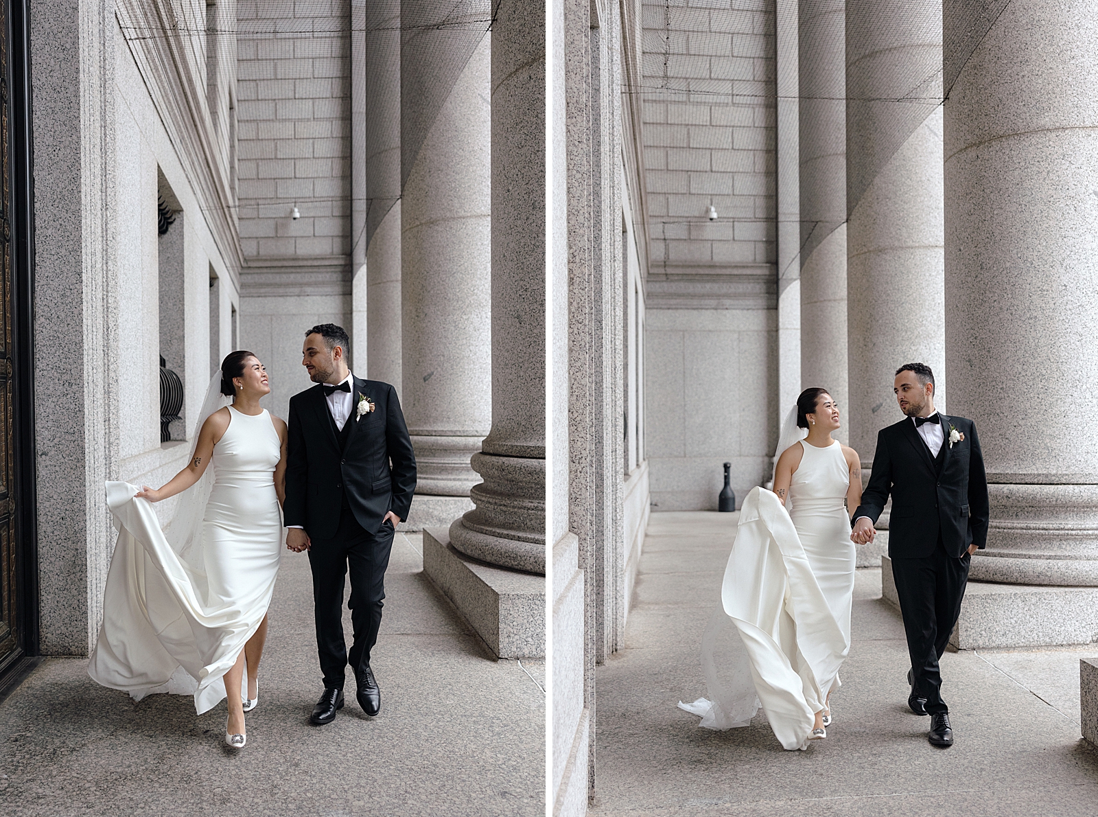 Left photo: Full body shot of the bride and groom smiling at each other as they walk hand in hand. 
Right photo: Full body shot of the bride and groom smiling at each other as they walk hand in hand. 