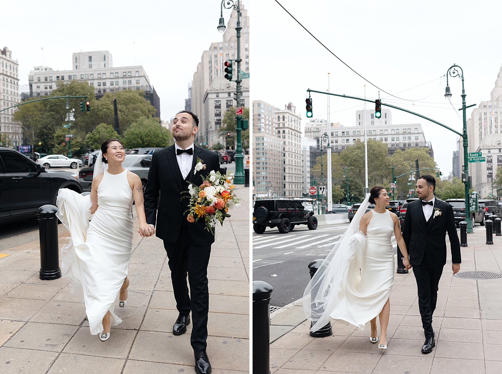 Left photo: Shot of the bride and groom holding hands as they walk down the city streets.
Right photo: Shot of the bride and groom holding hands and smiling at each other as they walk down the city streets. 
