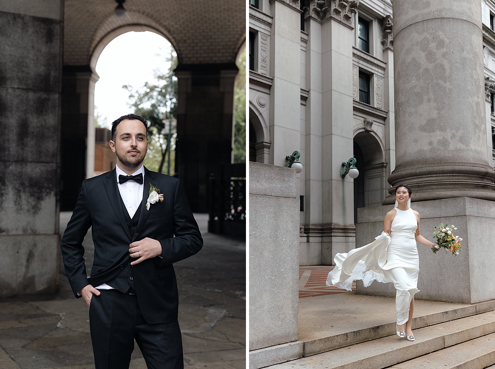 Left photo: Upper body shot of the groom in his suit.
Right photo: Fully body shot of the bride walking down steps in her wedding dress. 