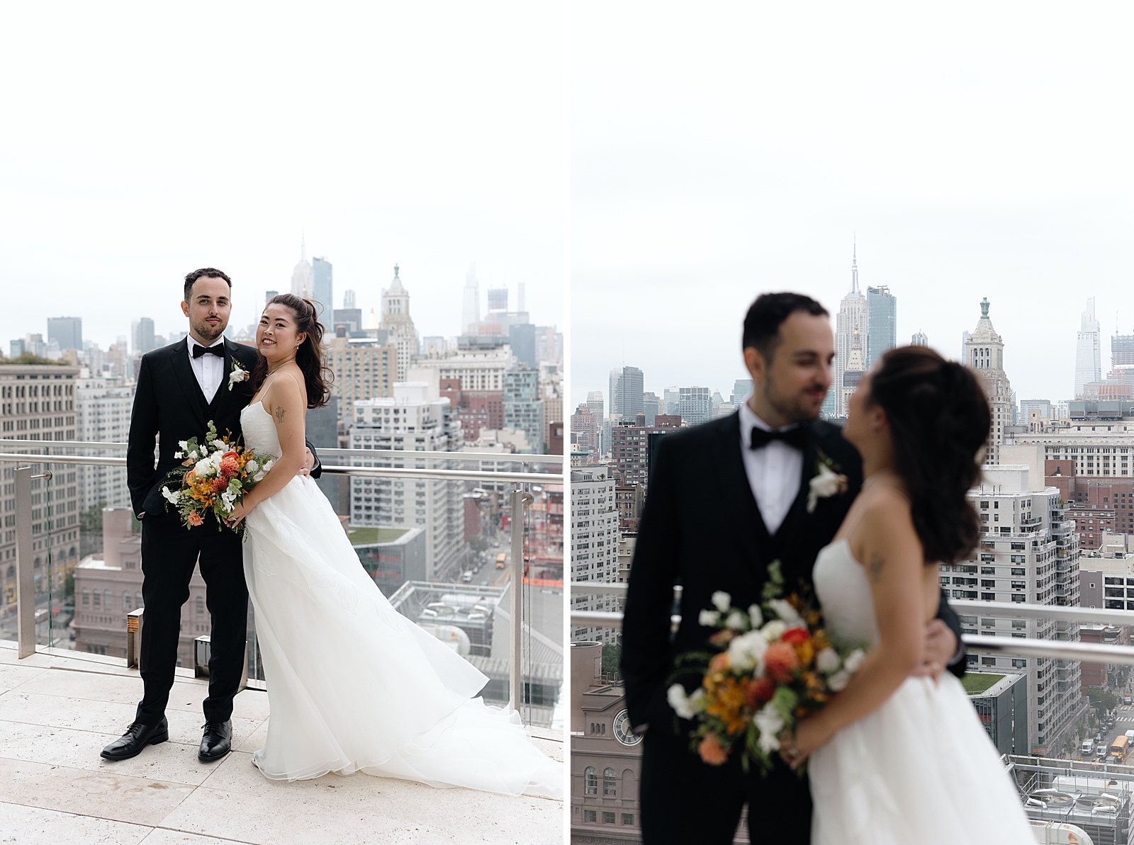 Left photo: Shot of the bride and groom on a rooftop smiling for the camera.
Right photo: Up close shot of the bride and groom smiling at each other as they stand on a rooftop with the New York skyline behind them. 