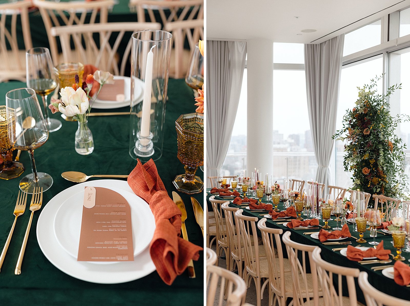 Left photo: Up close shot of a place setting on a reception table, including a menu and place card. 
Right photo: Shot of one of the fully set reception tables decked out in fall tones. 