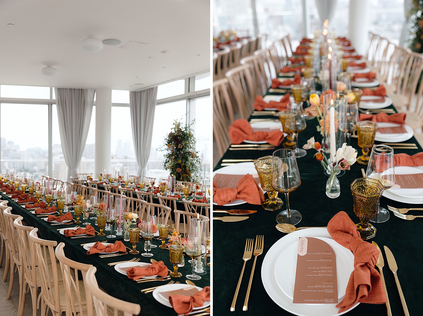 Left photo: Shot of the reception tables decked out in classic fall tones. 
Right photo: Close up shot of some of the place settings on one of the reception tables.