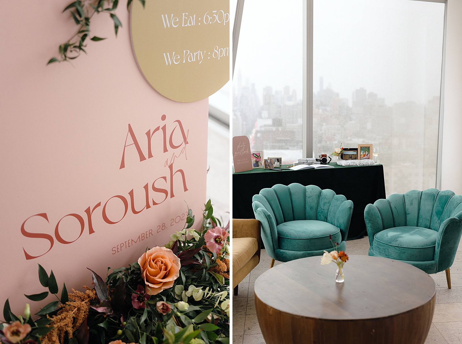 Left photo: Close up shot of a wedding sign saying the couple's names and the wedding date. 
Right photo: Shot of a lounge area with turquoise chairs and a mustard couch. 