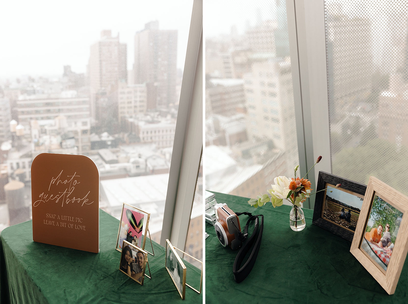 Left photo: Shot of a table displaying a photo guestbook sign and framed photos of the couple.
Right photo: Shot of a table displaying cameras and framed photos of the couple. 