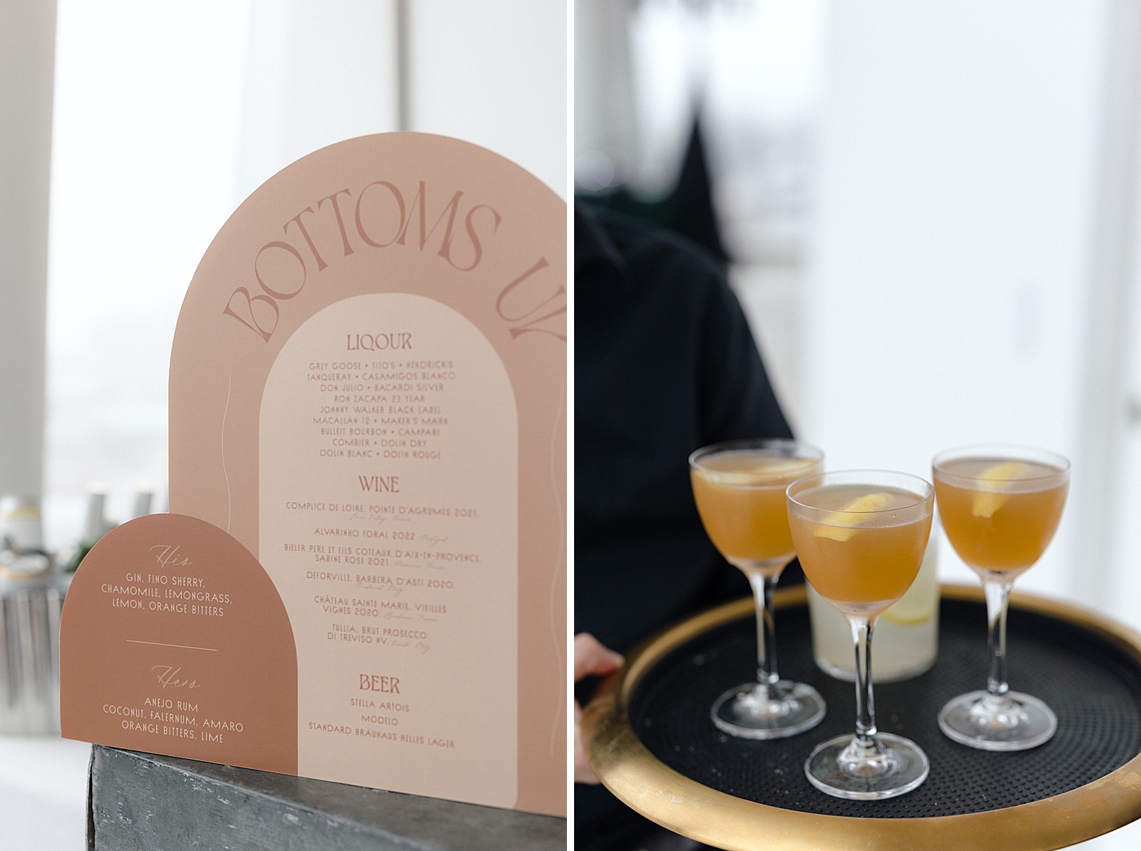 Left photo: Shot of the couple's custom bar menu sign. 
Right photo: Close up shot of cocktails being served on a tray. 