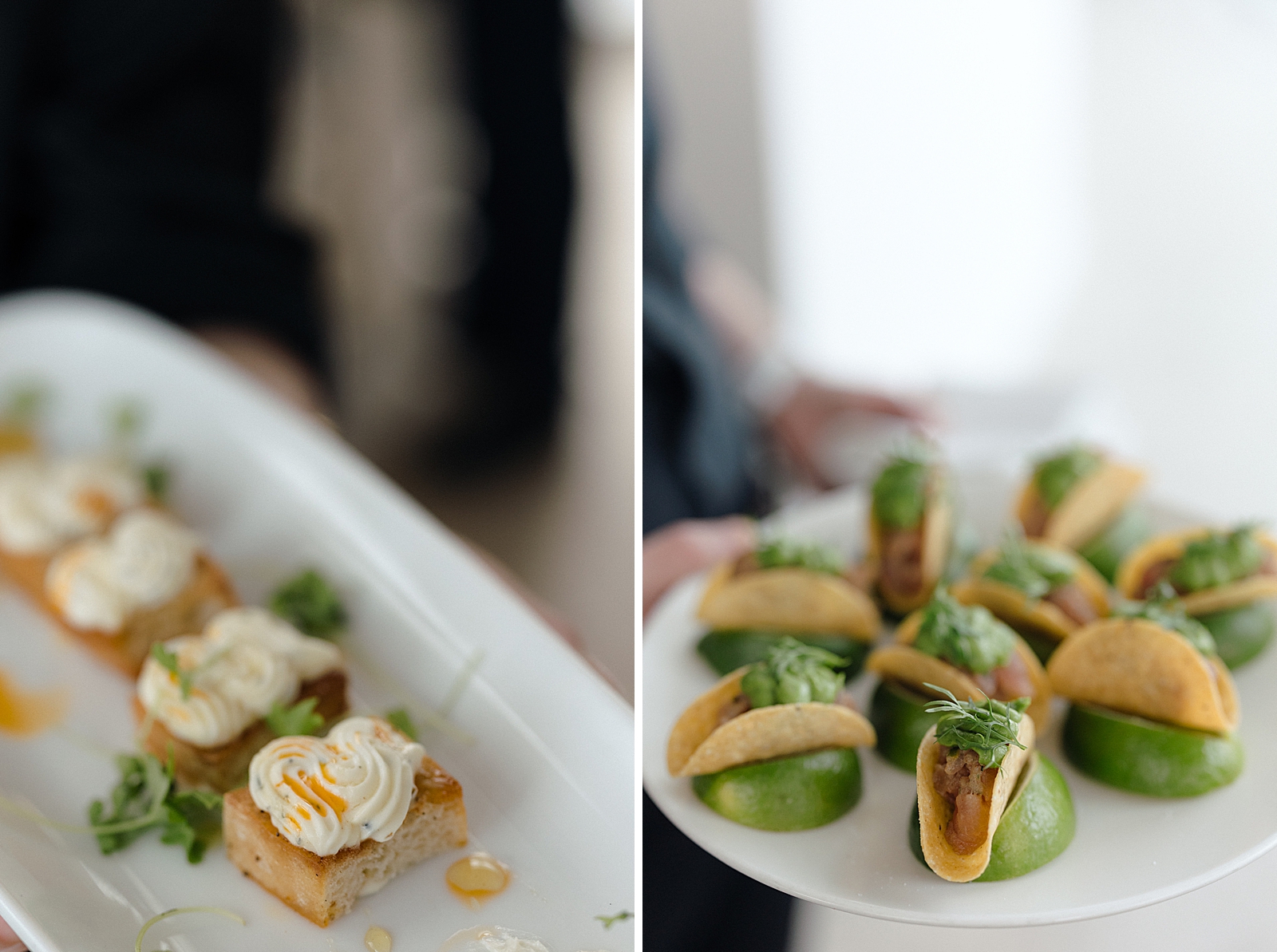 Left photo: Close up shot of hors d'oeuvres being served on a tray.
Right photo: Close up shot of hors d'oeuvres being served on a tray. 