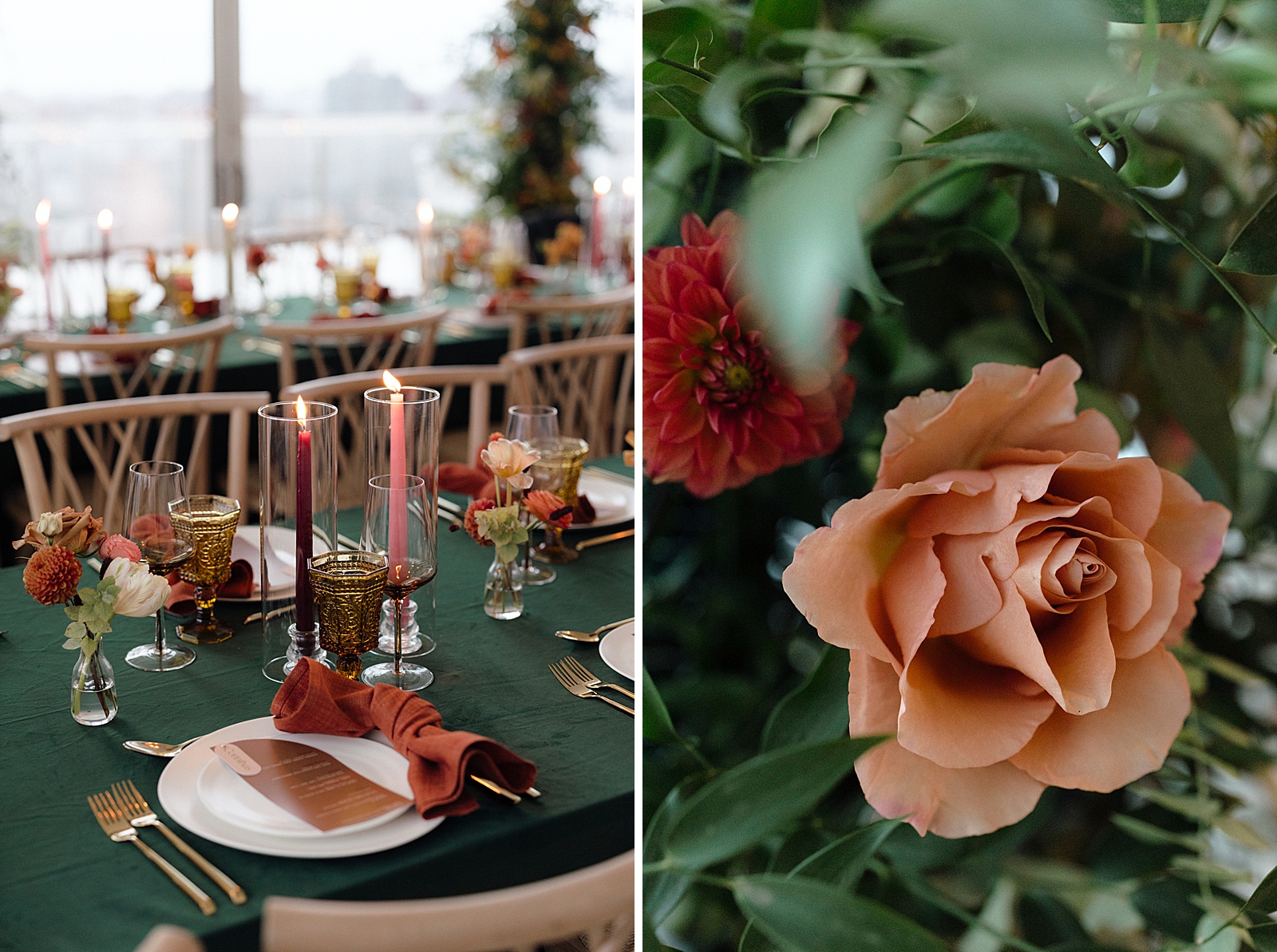 Left photo: Close up shot of a place setting on a reception table. 
Right photo: Close up shot of a pink flower. 