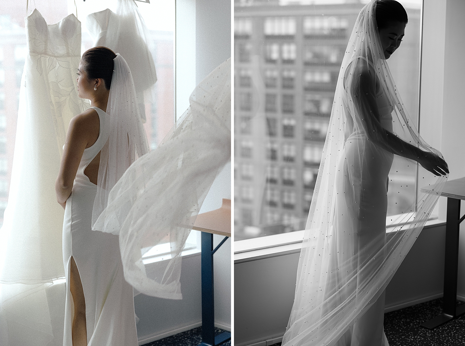 Left photo: Photo of the bride in her first dress, shot from behind. 
Right photo: Black and white shot of the bride in her first dress of the evening. 