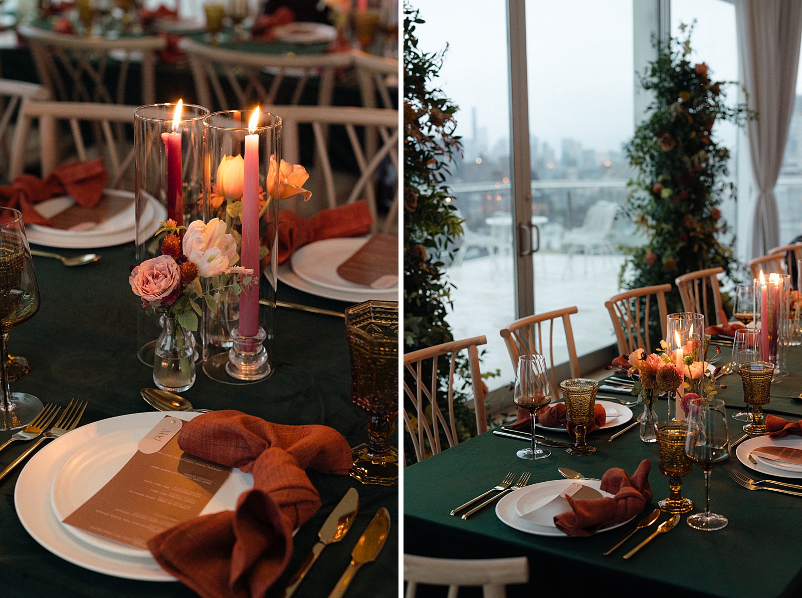 Left photo: Close up shot of a place setting on a reception table. 
Right photo: Close up shot of two place settings on a reception table. 