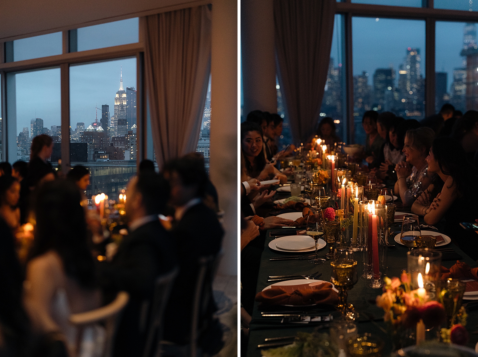 Left photo: Shot of the wedding guests sitting down for a candlelit dinner.
Right photo: Shot of the wedding guests sitting down for a candlelit dinner.