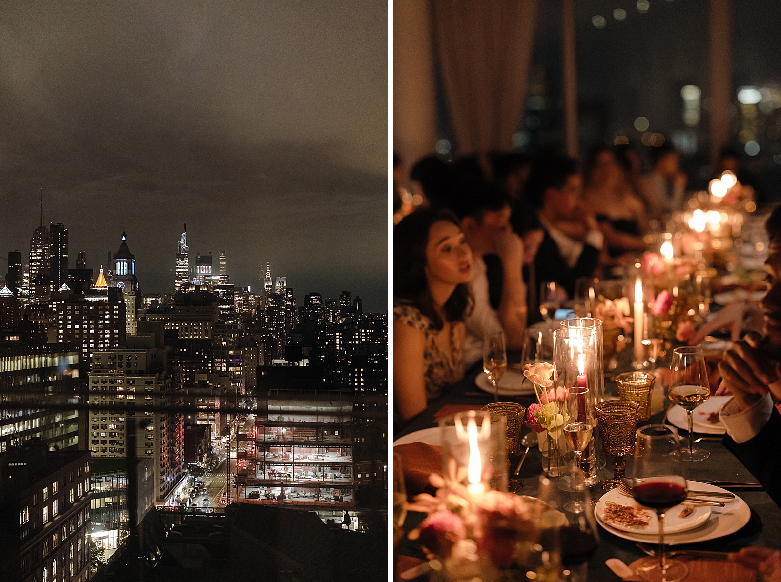 Left photo: Nighttime shot of the New York City skyline.
Right photo: Shot of the wedding guests sitting down for a candlelit dinner. 