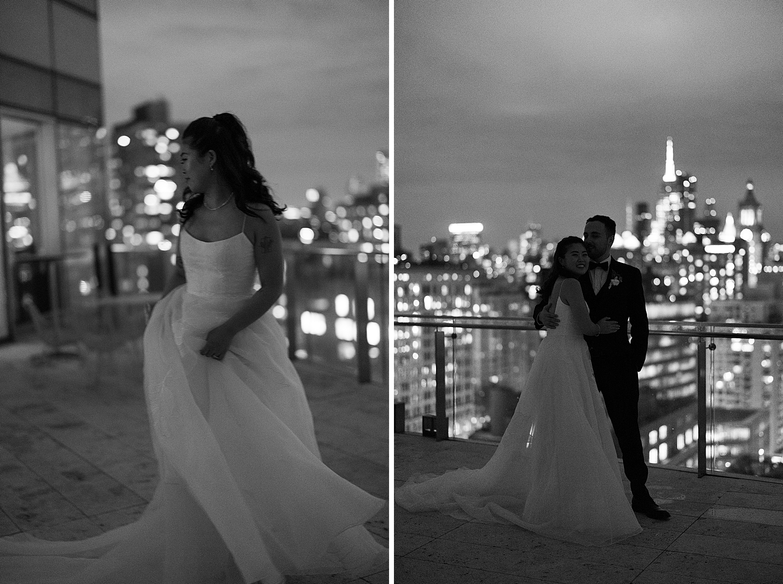 Left photo: Black and white shot of the bride standing on the hotel rooftop.
Right photo: Black and white shot of the bride and groom embracing on the hotel rooftop with the New York City skyline behind them. 