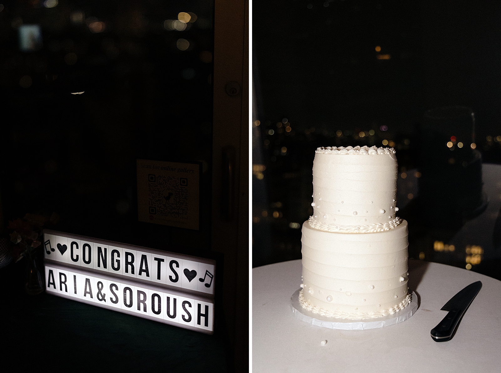 Left photo: Shot of a sign that says, "Congrats, Aria & Soroush." 
Right photo: Full shot of the wedding cake. 