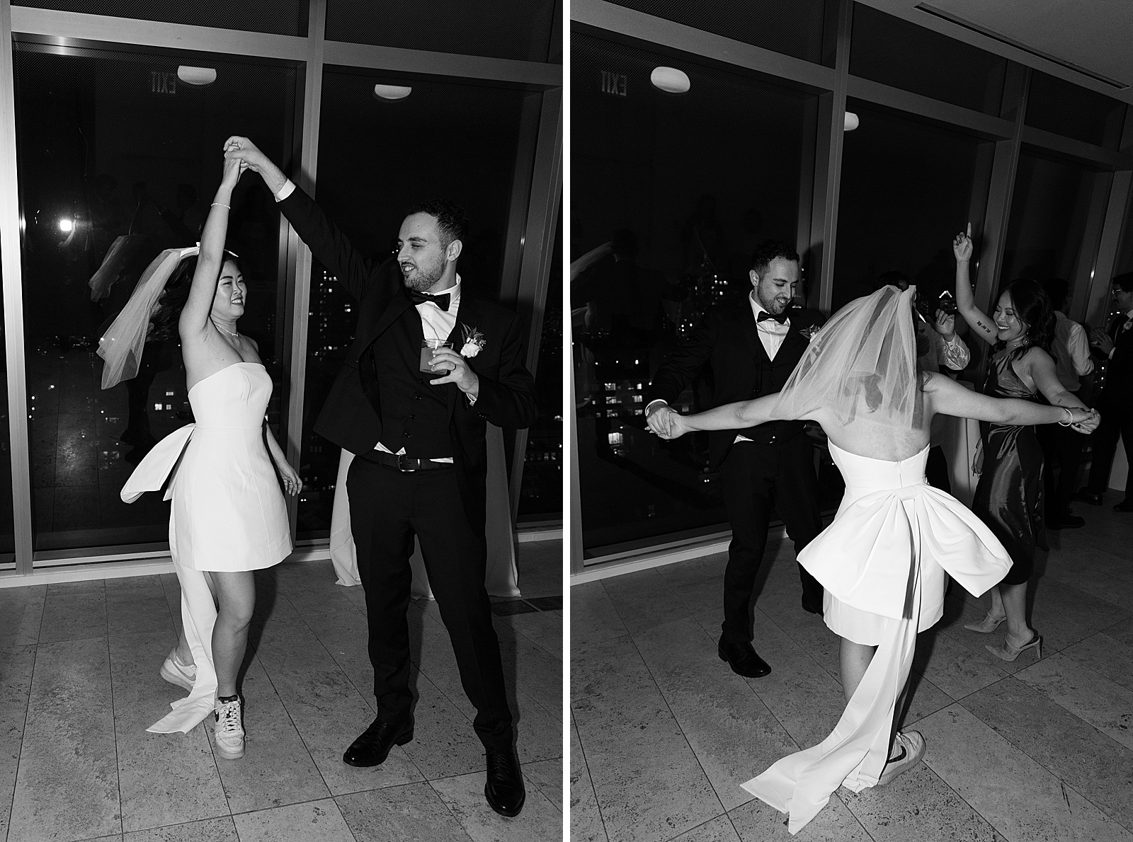 Left photo: Black and white shot of the groom twirling the bride on the dancefloor. 
Right photo: Black and white shot of the bride and groom dancing together on the dancefloor. 