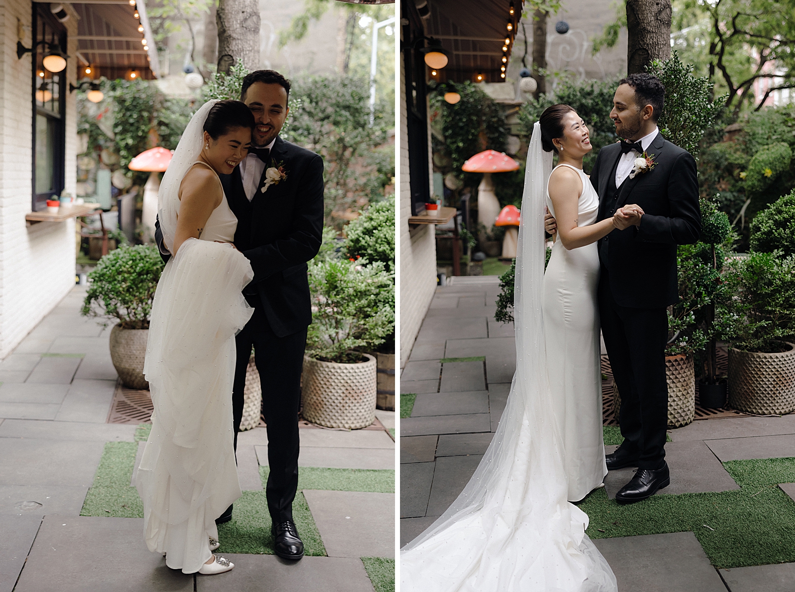 Left photo: Shot of the bride and groom being all smiles as they embrace outside. 
Right photo: Full body shot of the bride and groom smiling at each other as they embrace. 