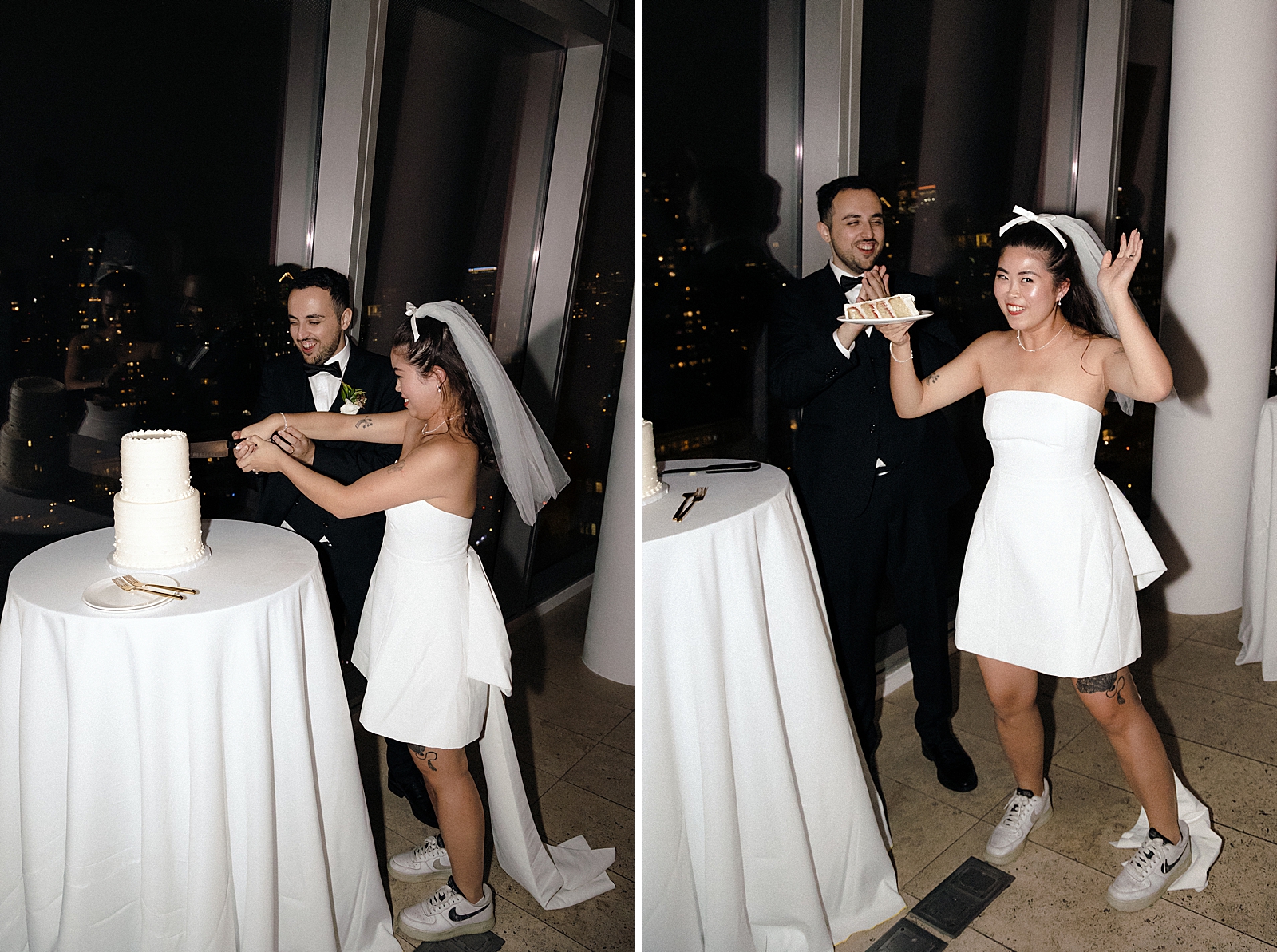 Left photo: Full shot of the bride and groom cutting their wedding cake. 
Right photo: Full shot of the bride looking very excited to be holding a slice of wedding cake.