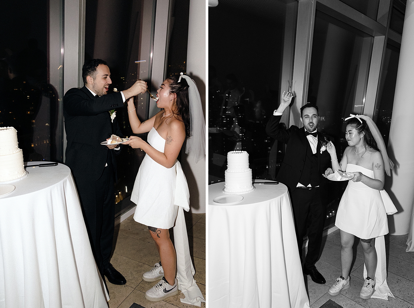 Left photo: Full shot of the bride and groom feeding each other wedding cake. 
Right photo: Full shot of the bride and groom looking excited about their wedding cake. 