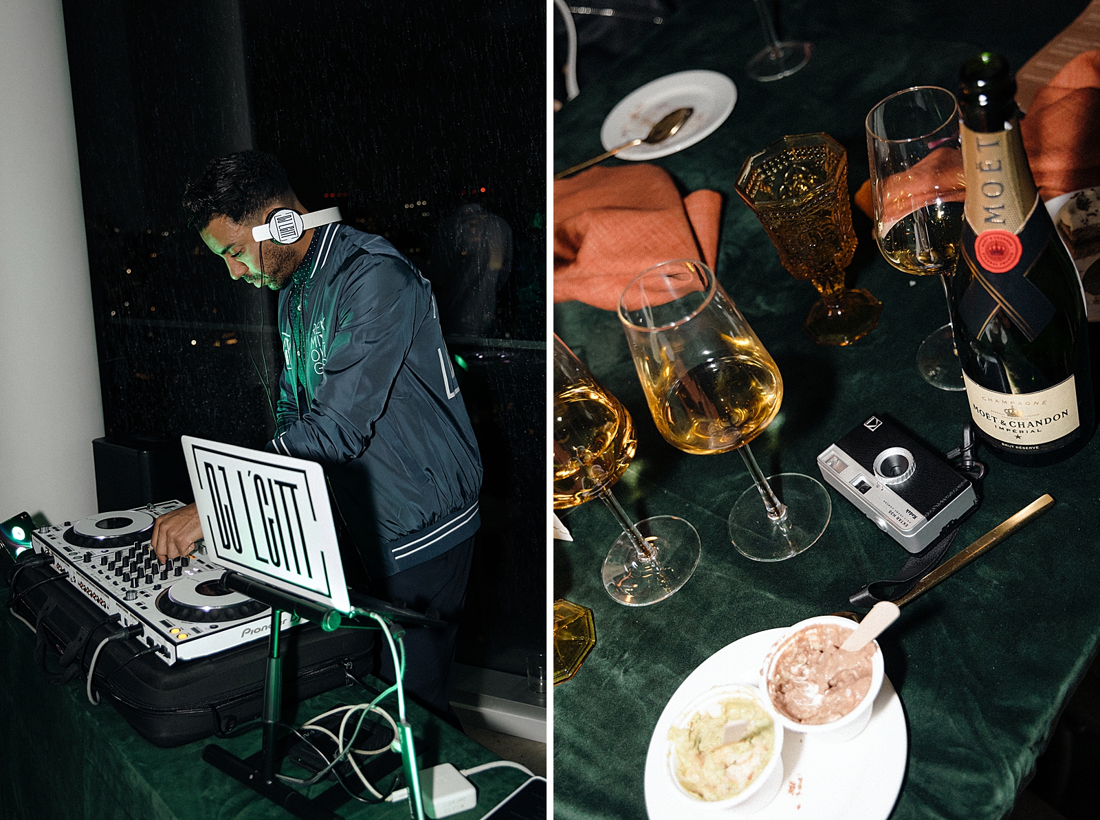 Left photo: Up close shot of the DJ and his sound board. 
Right photo: Up close shot of dessert and wine on a reception table. 