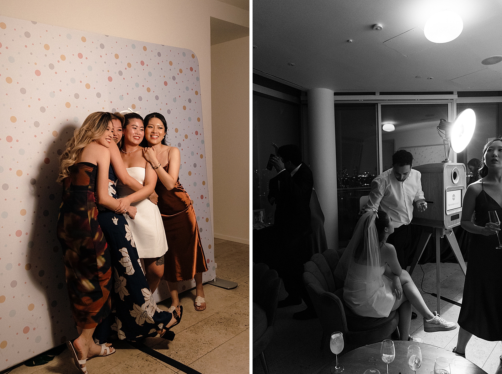 Left photo: Shot of the bride and three of her guests posing for the photo booth. 
Right photo: Shot of the bride and groom resting by the photo booth. 