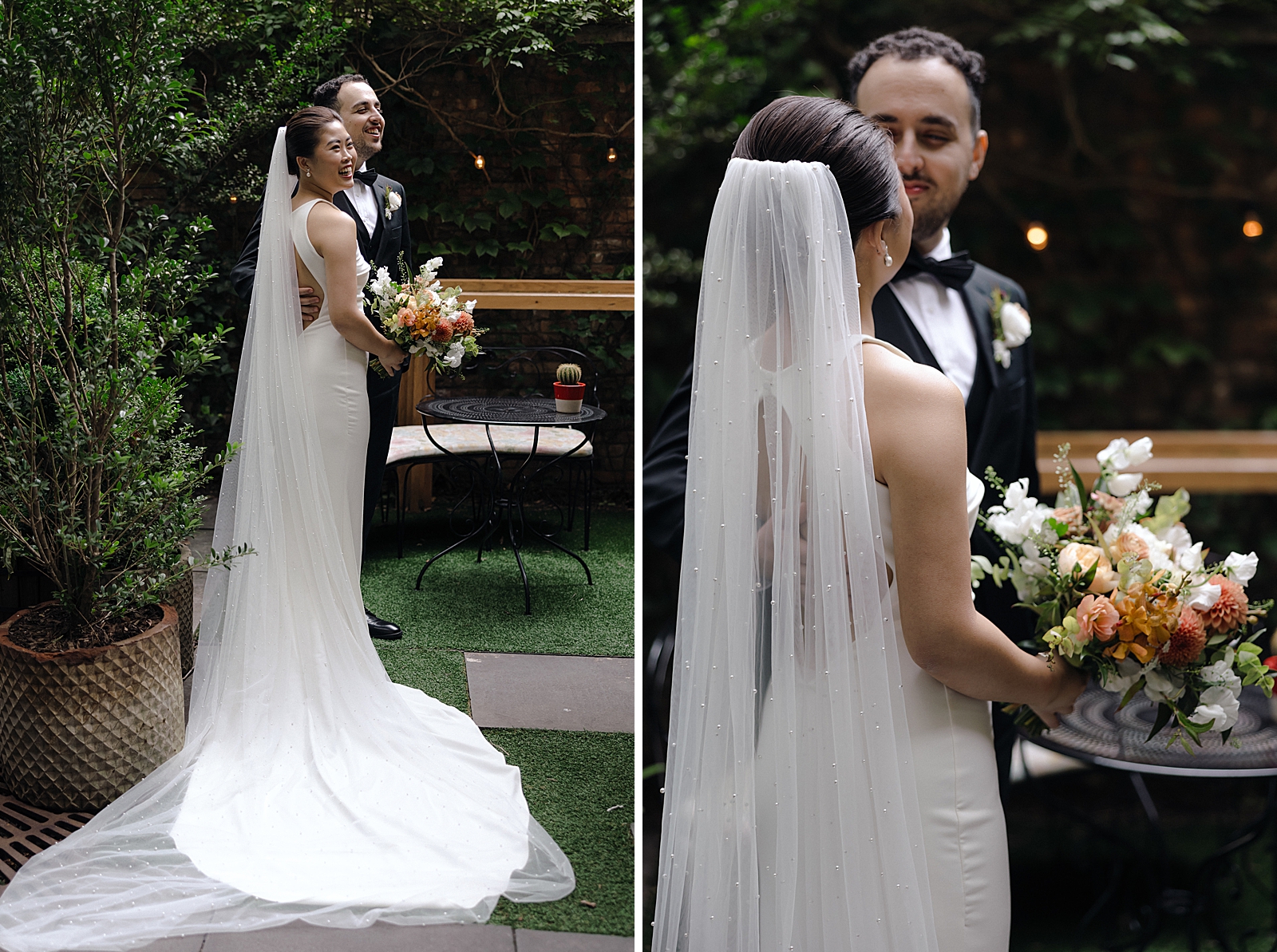 Left photo: Side shot of the bride and groom smiling. 
Right photo: Shot of the groom smiling down at the bride. 