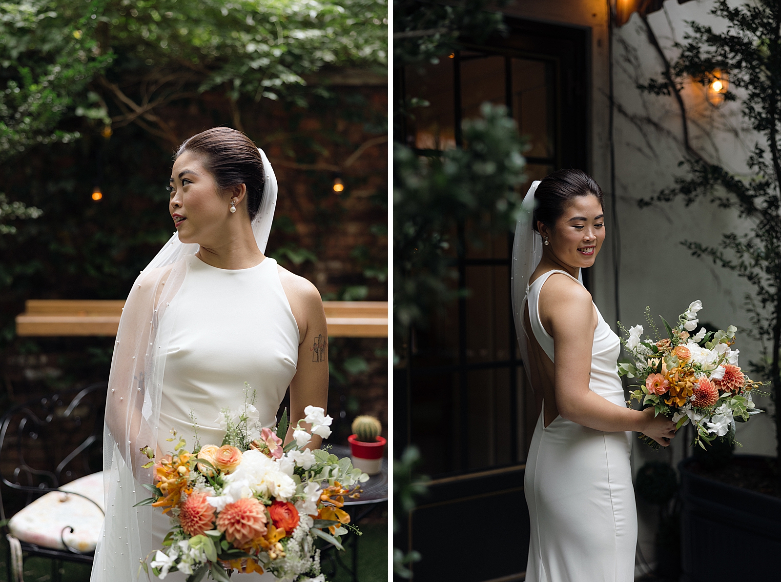 Left photo: Upper body shot of the bride posing with her bouquet.
Right photo: Upper body shot of the bride smiling over her shoulder as she holds her bouquet. 