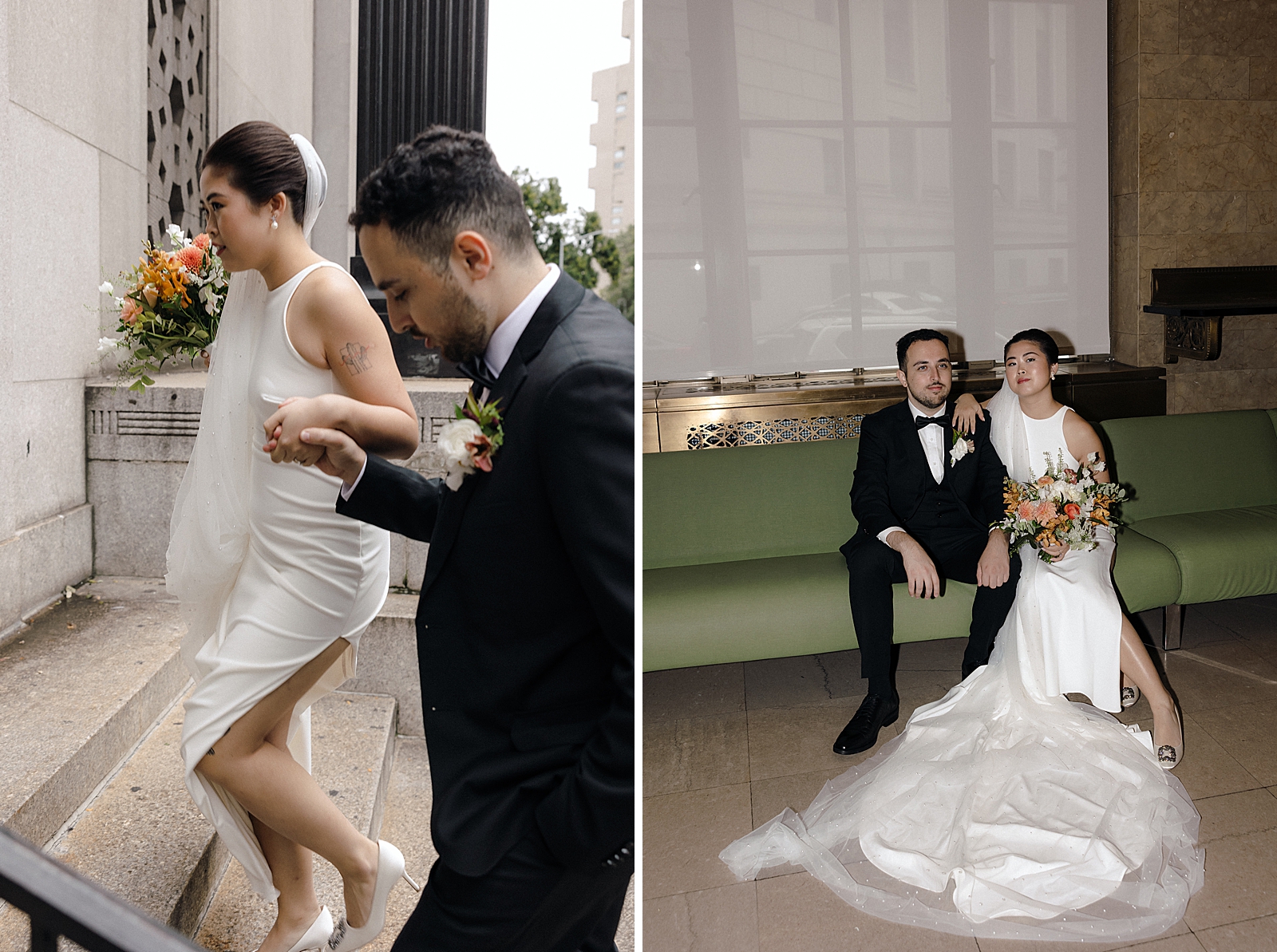 Left photo: Shot of the bride and groom with clasped hands as they walk up steps. 
RIght photo: The bride and groom pose together on a green couch. 