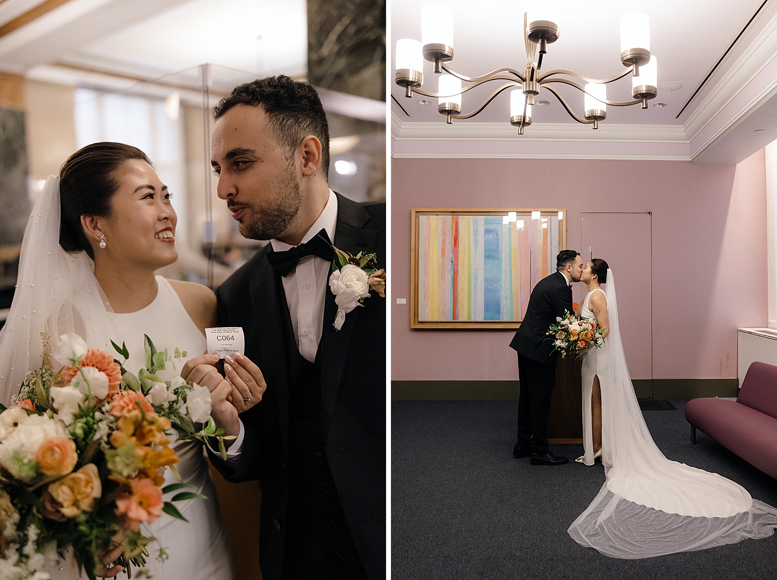 Left photo: Upper body shot of the bride and groom holding a sticker. 
Right photo: Full body shot of the bride and groom sharing a kiss.